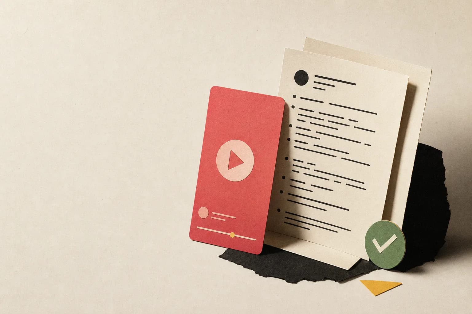 Editorial illustration of a public video card turning into a transcript sheet