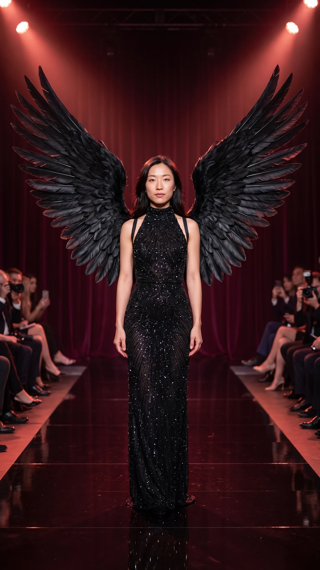 Anjo sombrio: Um look Victoria Secret AI com penas pretas, roupa bordada com forro e palco em luz vinho. Passos lentos e um giro discreto valorizam a silhueta.
