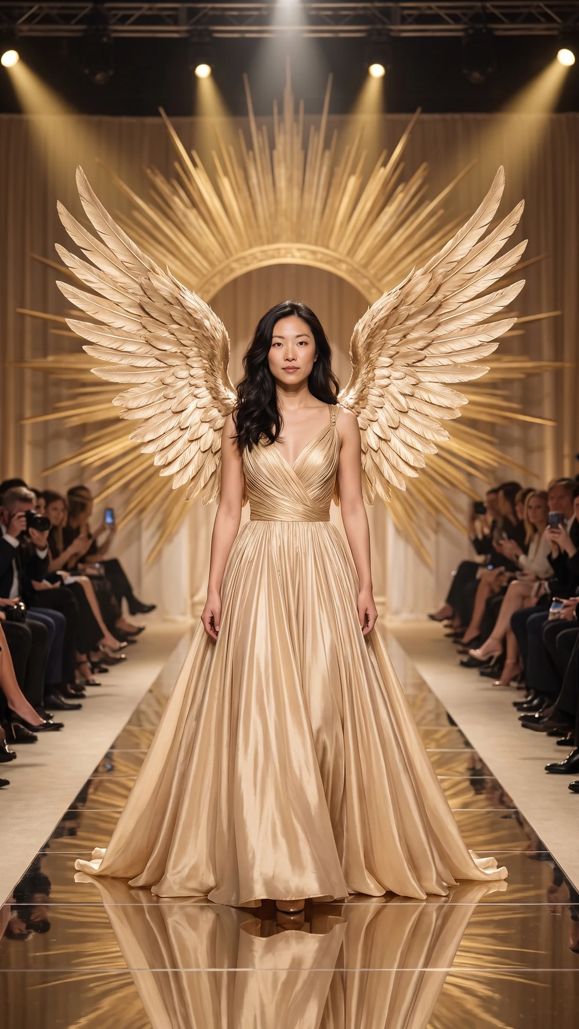 Deusa dourada: Victoria Secret AI com asas champanhe, roupa dourada fluida e cenário em raios de sol. Uma caminhada confiante termina sob luzes quentes.