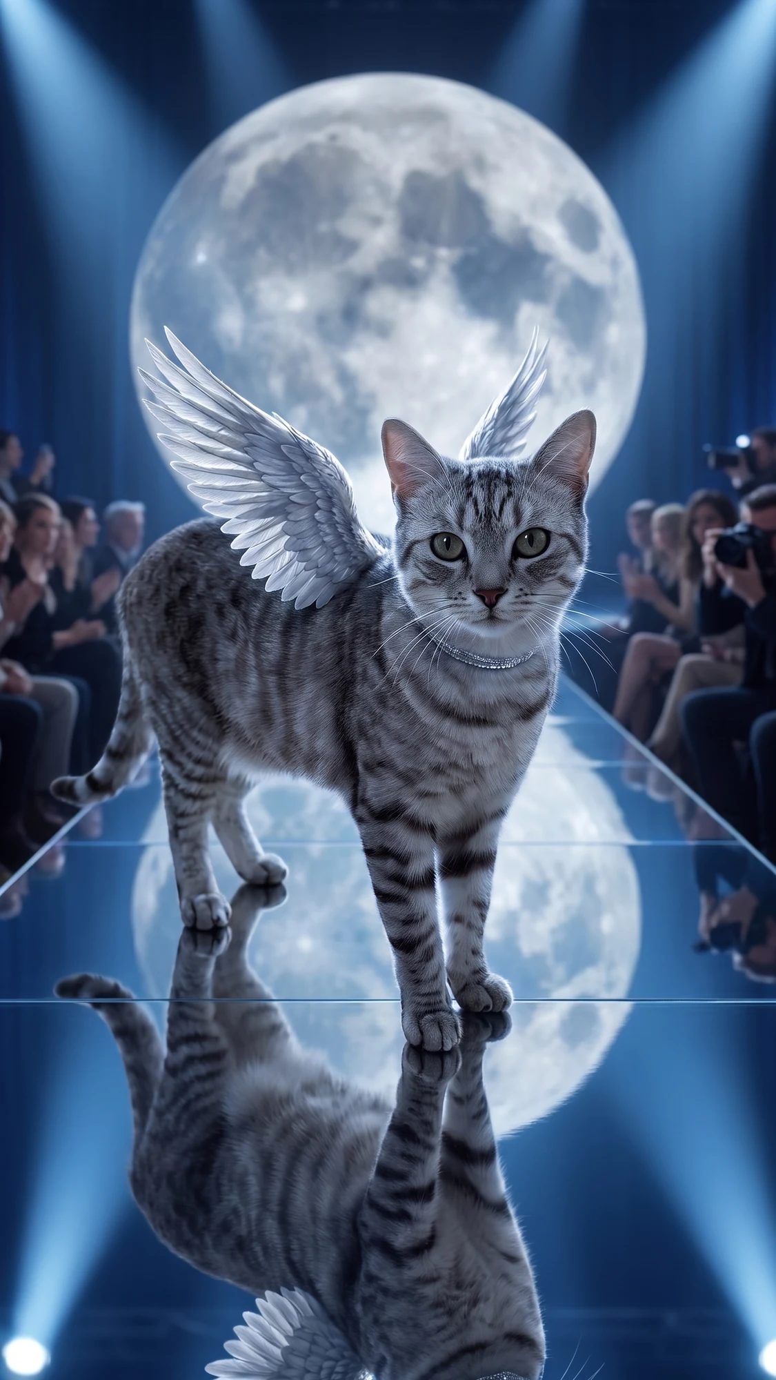 Gato ao luar: Victoria Secret AI para gatos: asas brancas e prateadas, passarela azul e câmera baixa para mostrar as patas, a pelagem e a cauda.
