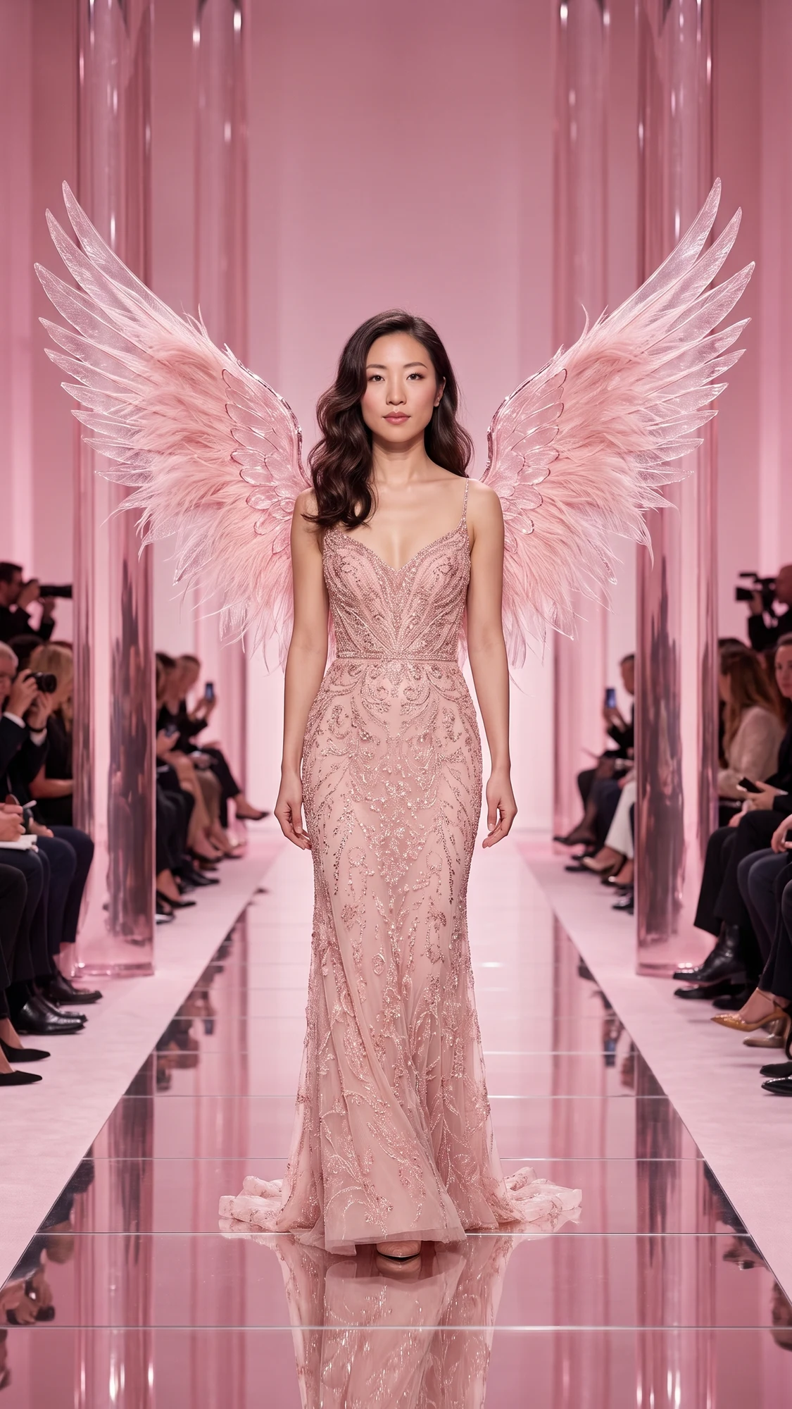 Anjo de cristal rosa: Victoria Secret AI em tons de rosa: asas translúcidas, alta-costura e colunas espelhadas. A luz suave destaca os detalhes ao se aproximar da câmera.