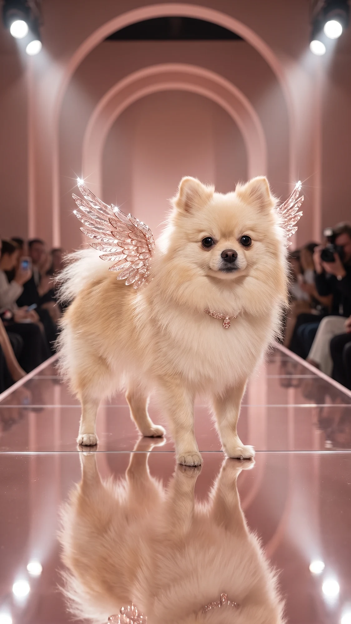 Pet de cristal rosa: Victoria Secret AI para o pet, com pequenas asas rosas e coleira de cristal. Ele trota sobre quatro patas e para para inclinar a cabeça.