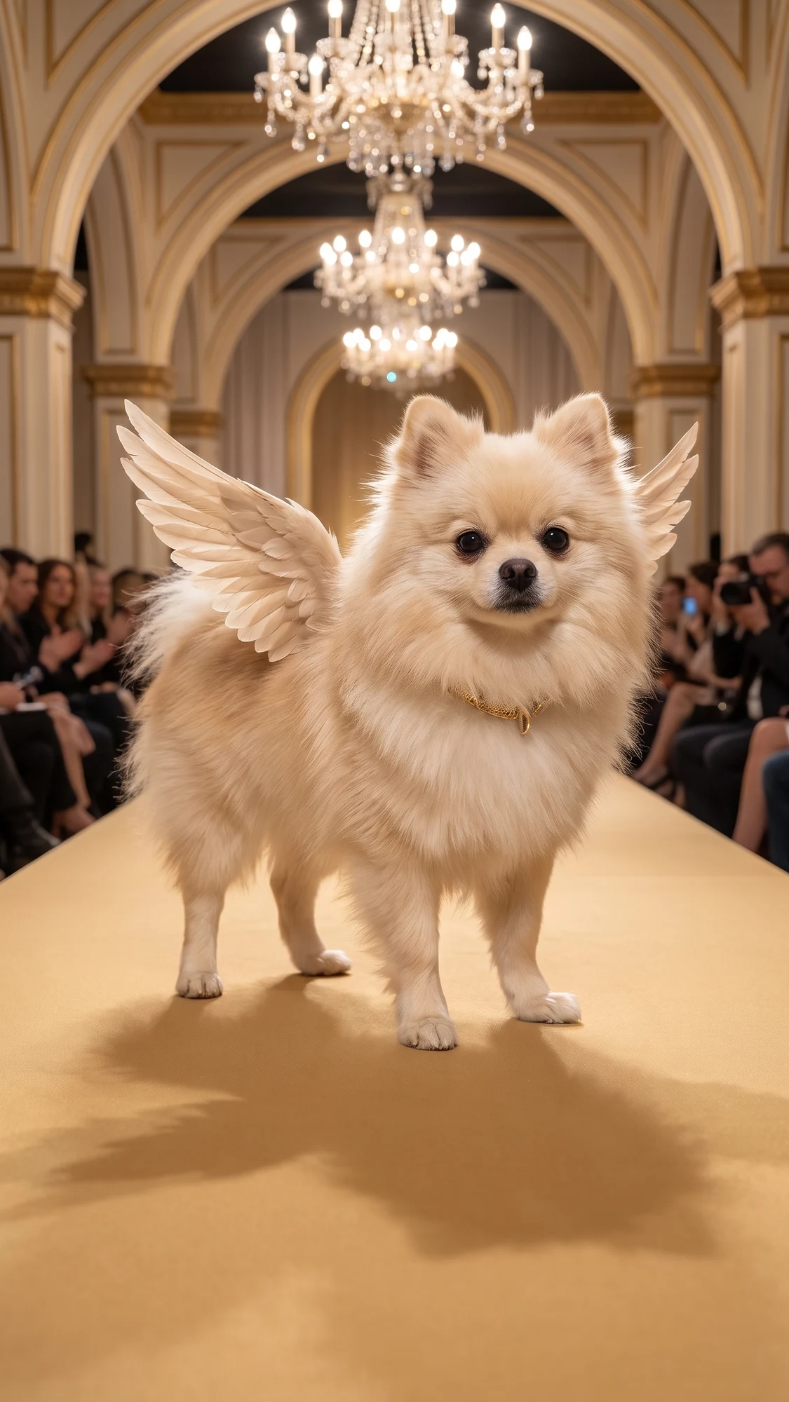 Cão da passarela real: Victoria Secret AI para cães: asas champanhe, coleira dourada e arcos sob lustres. Uma caminhada orgulhosa para o momento de estrela do seu cão.