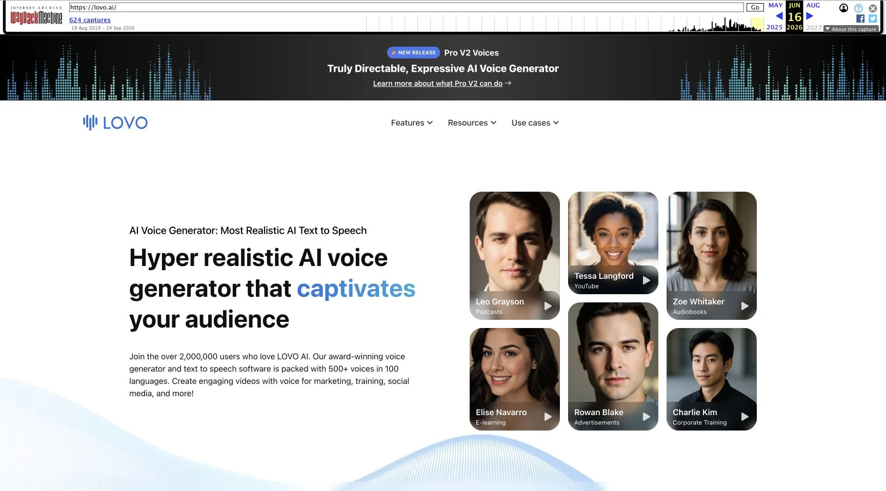 LOVO homepage preserved by Wayback Machine on June 16, 2026