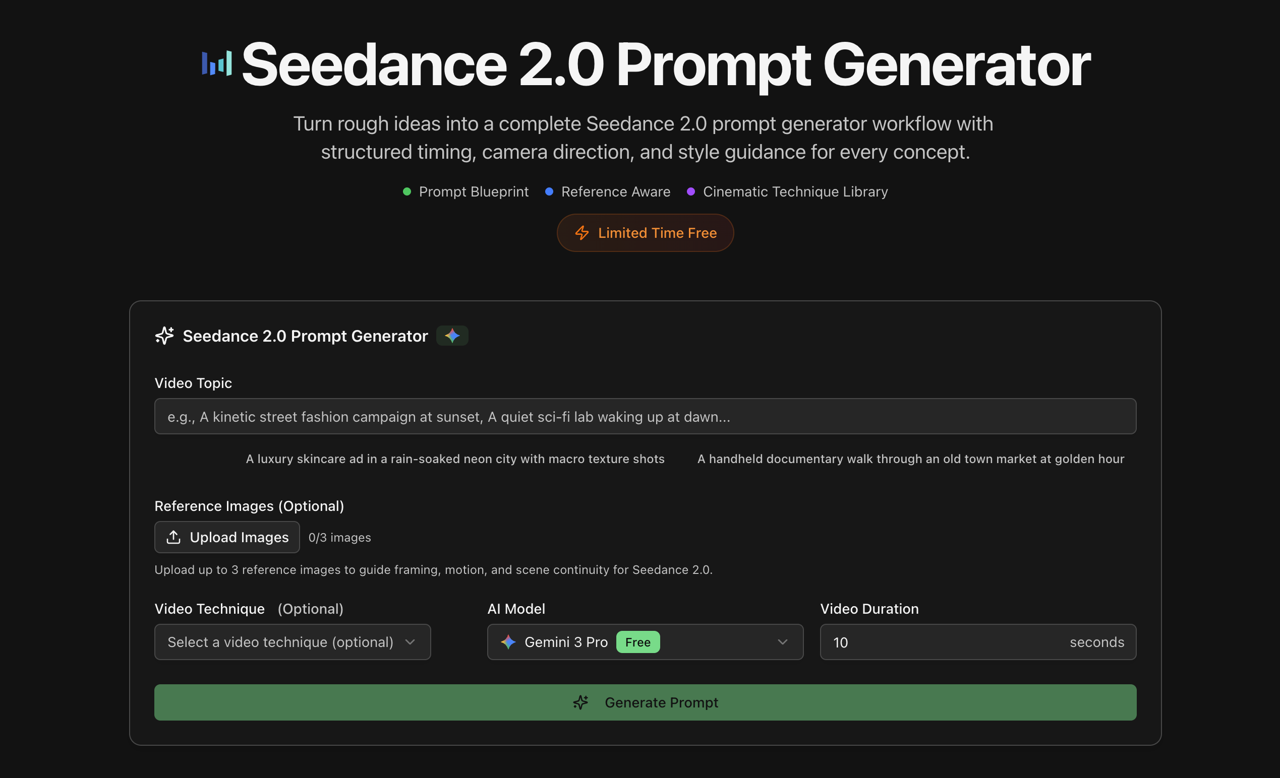 Seedance 2.0 提示词生成器 - AI 视频提示词构建器
